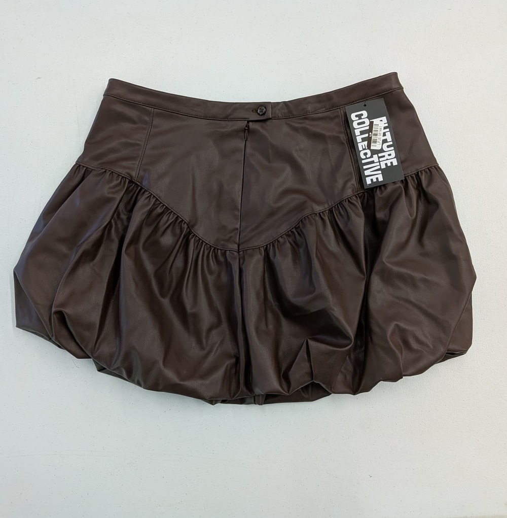 Future Collective Brown Faux Leather Bubble Mini Skirt Women’s Size M NWT